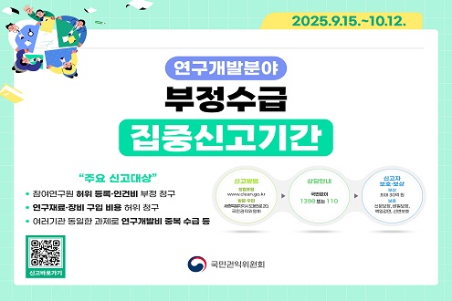 2025.9.15. ~ 10.12. 연구개발분야 부정수급 집중신고기간 주요신고대상 참여연구원 허위 등록 인건비 부정 청구, 연구재료 장비 구입 비용 허위 청구, 여러기관 동일한 과제로 연구개발비 중복 수급 등 국민권익위원회