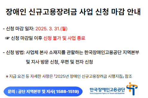 장애인 신규고용장려금 사업 신청 마감 안내 신청 마감 일자 2025.3.31.(월) 신청 마감일 이후 신청 불가 및 사업 종료 신청 방법 사업체 본사 소재지를 관할하는 한국장애인고용공단 지역본부 및 지사 방문 신청, 우편 및 전자신청 지급 요건 등 자세한 사항은 2025년 장애인 신규고용장려금 시행지침 참조 문의 공단 지역본부 및 지사(1588-1519) 한국장애인고용공단